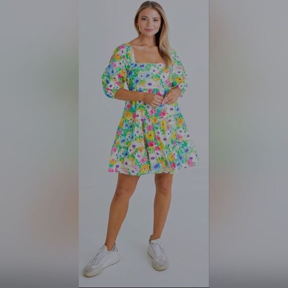 Karlie: Bright Floral Poplin Tier Tie Back Dress size M - Picture 1 of 11